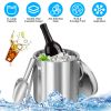 Double-Wall Stainless Steel Insulated Ice Bucket 3L Ice Holder Ice Container with Lid Scoop Strainer Handle for Wine Champagne Beer Parties Cocktails