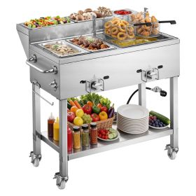 Outdoor Propane Deep Fryer, 2 Burners (11,600 BTU Each), Commercial Fryer with Two 1/3 Size Food Warming Pans