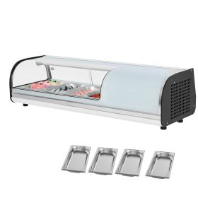 Sushi Display Case Refrigerator, 1.5 Cu.ft Commercial Sushi Case, 4-Pan Countertop Showcase with Curved Glass, LED Lighting