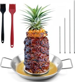 Al Pastor Skewer for Grill: Extra Large 13" Stainless Steel Vertical Skewer, Brazilian Spit Stand with 4 Spikes, 2 Brushes, for Tacos Al Pastor