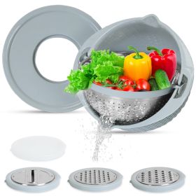 Multifunctional Mixing Bowl with Lid Set 3 Replaceable Graters Food Strainer and Colander Fruit Vegetable Washing Basket Stainless Steel (Option: ColanderBlue)